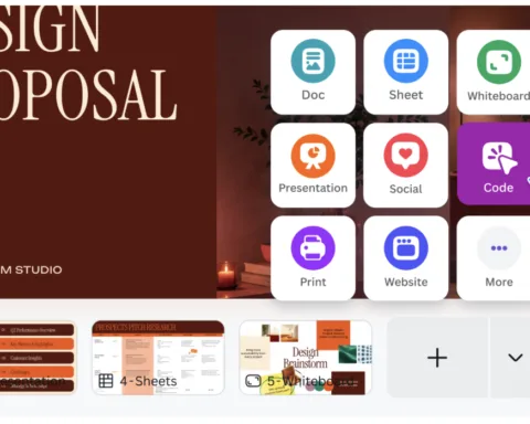 Tangkapan layar antarmuka Canva Code 2.0 yang menampilkan fitur drag-and-drop dan kolom prompt AI untuk membangun landing page.